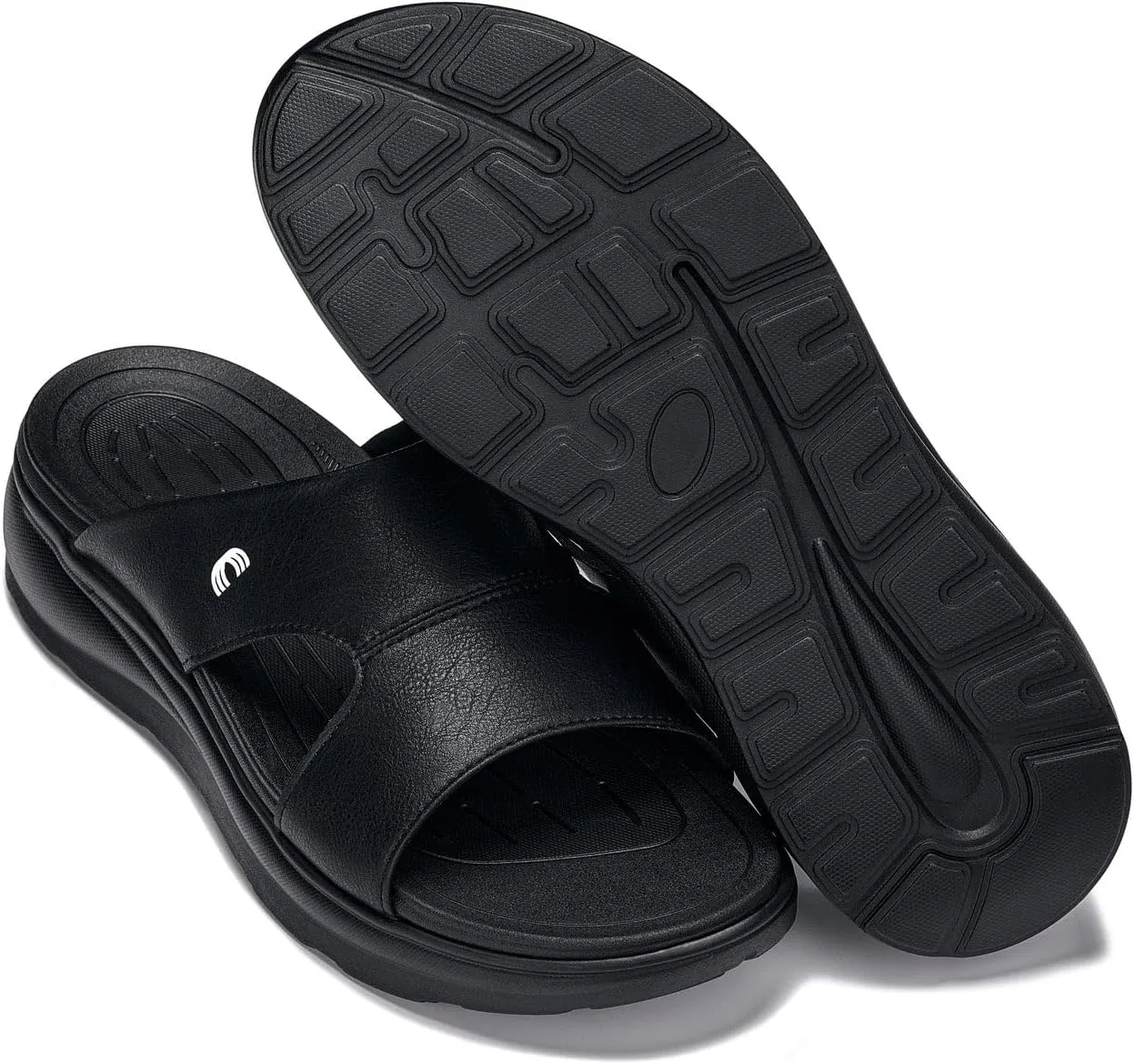 CALTO Men's Invisible Height Increasing Elevator Shoes - Black/Grainy Black Ultra Light-Weight Slip-on Comfort Sandals - 2 Inches Taller - X1655 - Size 9 D(M) US