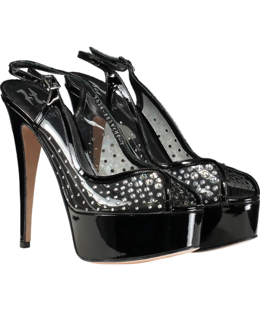 GINA Black Crystal Embellished Platfrom Peeptoe Heels UK 7 EU 40 👠