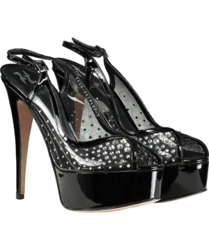 GINA Black Crystal Embellished Platfrom Peeptoe Heels UK 7 EU 40 👠