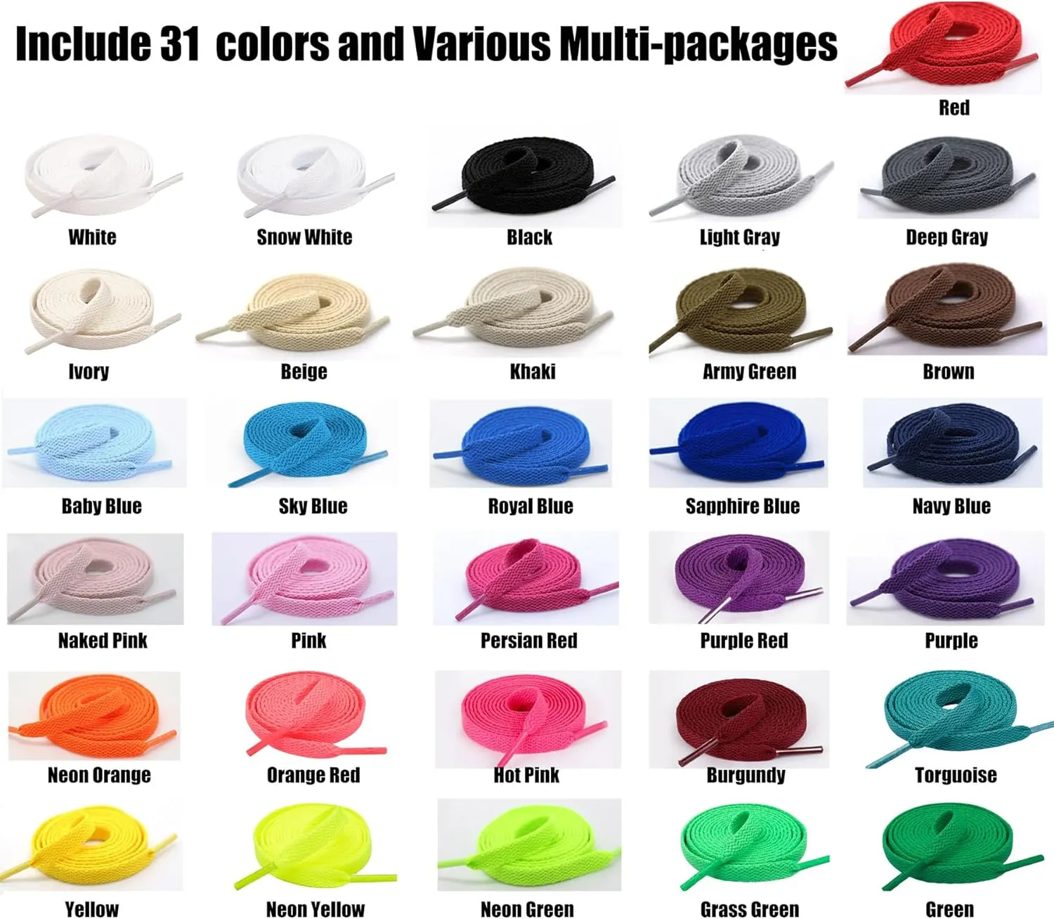 Handshop Flat Shoelaces 5/16" - 20 Colors in 36"-72" Shoe Laces For Sneakers